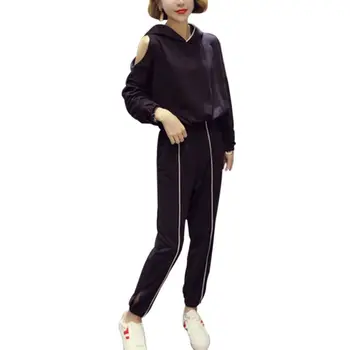 

Women Casual 2 Pieces Athletic Off Shoulder Hooded Long Sleeve Pullover + Long Pant Sportswear Sweatpants Women Set Autumn