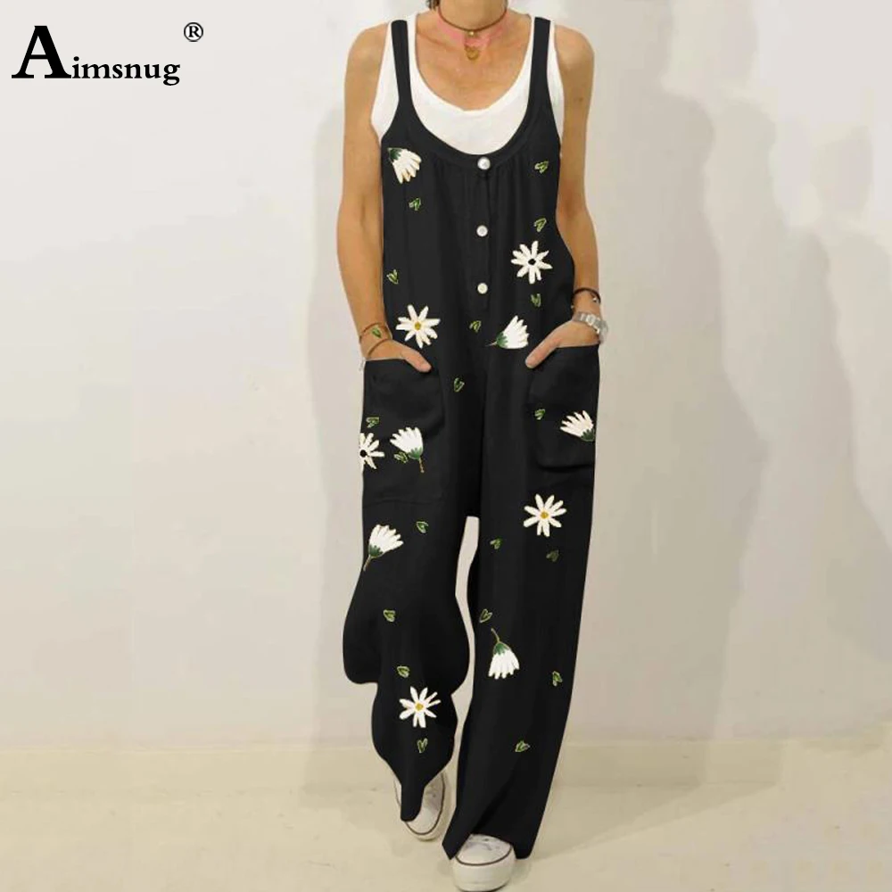 

Aimsnug Women Elegant Overalls Patchwork Buttons Strappy Backless Sleeveless Casual Print Romper Pockets Design Summer Jumpsuits