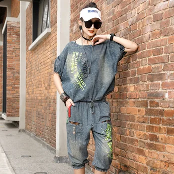

Vintage Printing Two-piece Set Female Short Sleeved Denim T-shirt Thin Casual Suit Women's Summer Calf-length Pants And Tees
