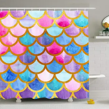 

Shower Curtain Set with Hooks 72x78 Mermaid Modern Green Ornament Scales Ocean Fashion Watercolor Fish Color Brush Circle