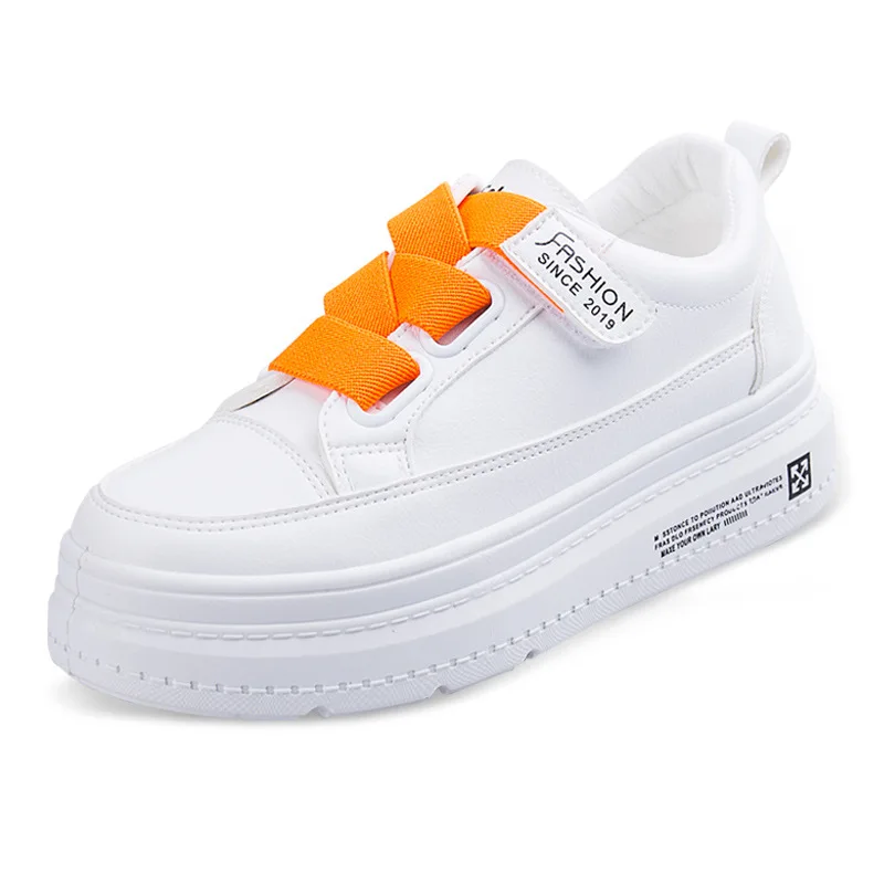 

White Sneaker Shoes Woman Autumn 2019 PU Leather Female Casual Shoes Hook Loop Comfortable Platform Sneakers