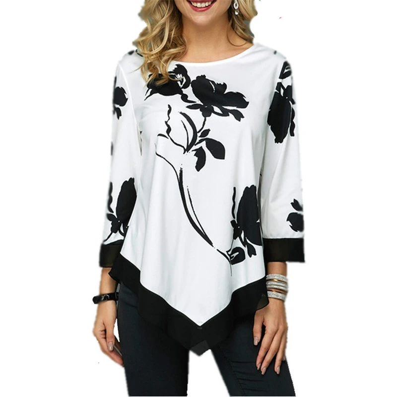  2020 New Women Plus Size Shirt Spring Autumn Printing O-neck Blouse 3/4 Sleeve Casual Hem Irregular