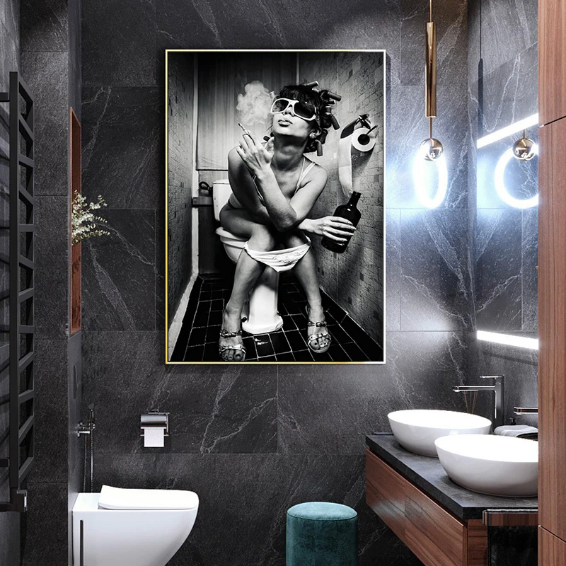Toilet Sexy Woman Bar Girl Smoking And Drinking Canvas Painting Posters And Prints Cuadros Wall Art For Living Room Home Decor - Painting and Calligraphy 