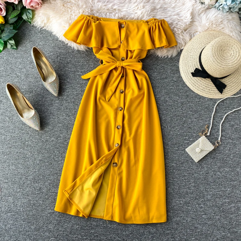 New Summer Women Off-Shoulder Dress Retro Solid A-line Single Breasted Slash Neck Ladies Polyester Casual Sashes | Женская одежда