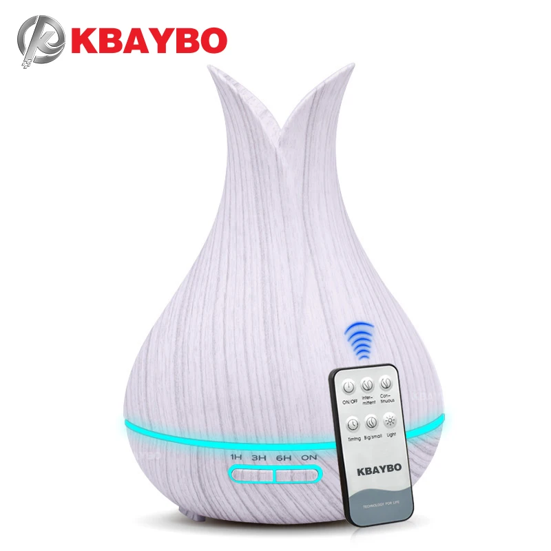 

KBAYBO 400ml air humidifier with remote control white wood grain aroma oil diffuser air purifier 7 colors options lamp for home