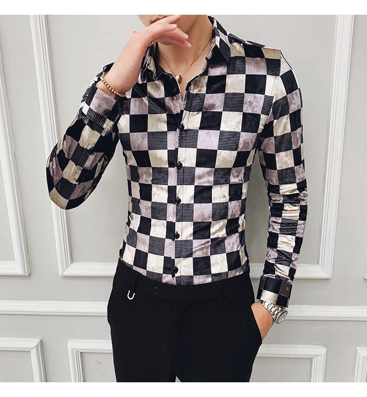 High grade plaid dress shirts men flannel long sleeve black casual shirt slim fit winter thick warm fashion social 4xl