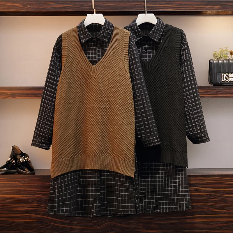 

2 sets of large size women's vest vest sweater + long shirt dress loose fashion shirt sweater vest two-piece