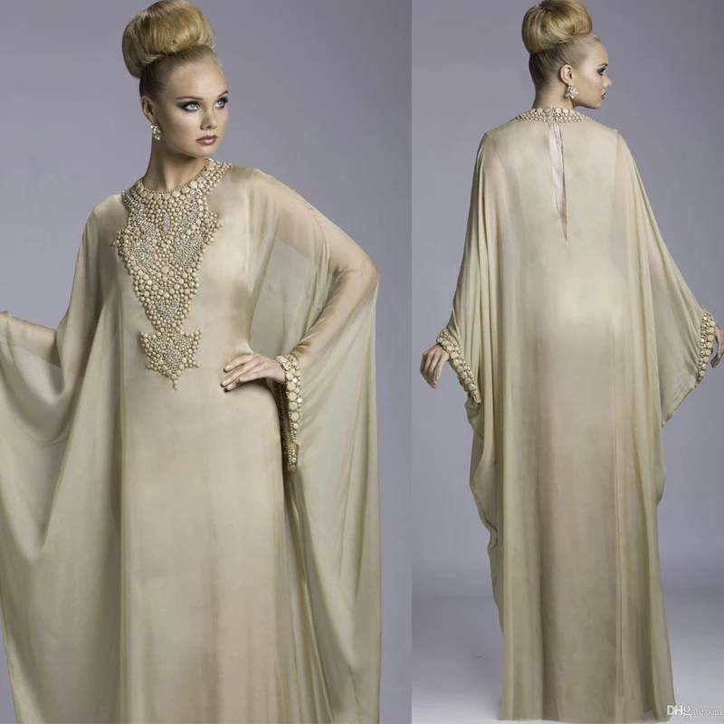 

Arabic Abaya Dubai Chiffon Kaftan Evening Prom gown With Long Sleeves Evening gown Beaded Elegant Mother of the Bride Dresses