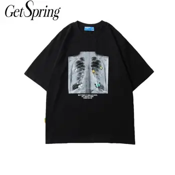 

GETSPRING Women T Shirt Plus Size Cotton Black White Print T Shirt Women Loose Casual Long Cotton Tshirt Women Clothes 2020 New