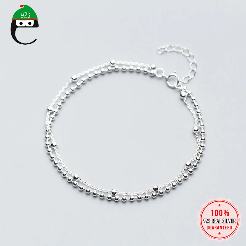 ElfoPlataSi,, 925, однотонный, Настоящее серебро, модный, элегантный, двухслойный браслет с бусинами, 15,5 см, для подарка, для девушек, леди, XY707