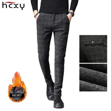 HCXY осень зима мужские брюки теплые утолщенные для мужчин плюс бархатные мужские клетчатые рабочие брюки тонкие брюки-Карандаш мужские