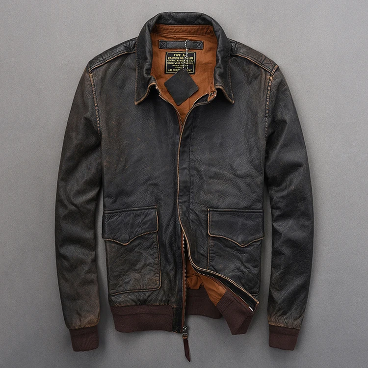 

2020 Vintage Brown USAF A2 Pilot Leather Jacket Plus Size XXXXL Genuine Sheepskin Autumn Military Aviator Leather Coat