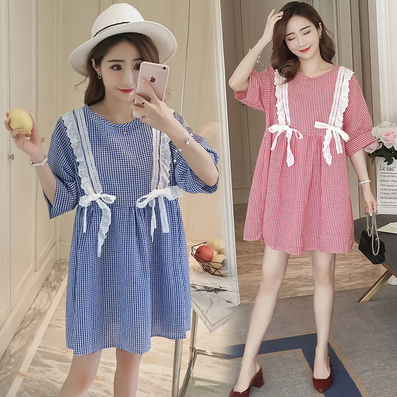 

2019 New Style Fashion Maternity Clothes Summer Plaid Stitching Lace Loose-Fit Mid-length Short-sleeve Dress