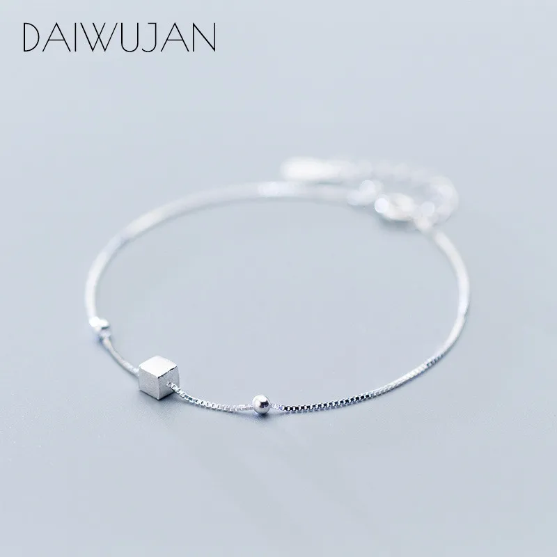 DAIWUJAN, 925 пробы, серебряные, геометрические бусины, квадратная коробка, цепочка, браслеты, хорошее ювелирное изделие для женщин, регулируемые, вечерние, аксессуары, подарок - Цвет камня: platinum