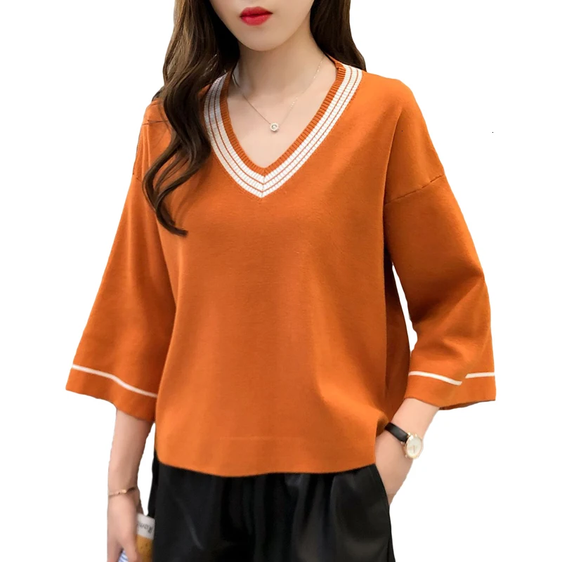 

Recover Sweet Flare Mouw Trui V -neck 3 /4 Mouwen Used Trui Slim Dunne Korea Style Female Jumper Loose Pull Femme CM745