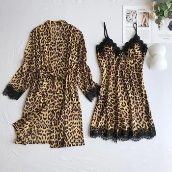 

Leopard Print Kimono Robe Gown Suit Lady Faux Silk Lace Trim Sleepwear Sexy V-Neck Backless Nightdress Set Chest Bra Home Dress