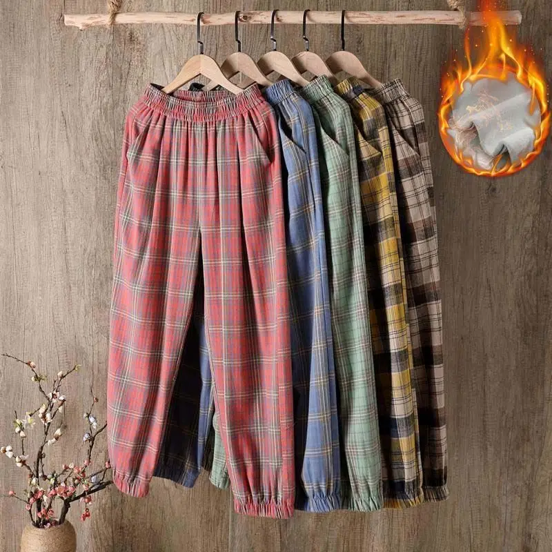 

Plus velvet/no velvet plaid pants women 2020 autumn winter harem pants high waist loose slim casual cropped bloomers