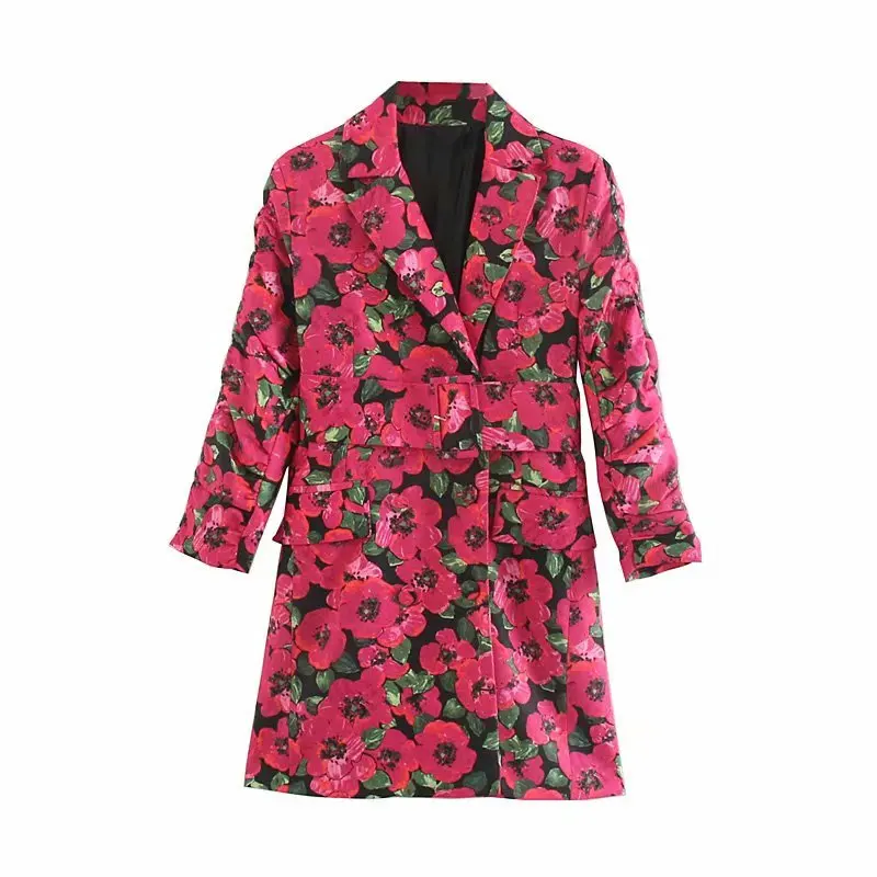 Ceny W stylu Vintage elegancki kwiatowy Print ząbkowany kołnierz Mini sukienka z paskiem 2019 moda eleganckie kobiety sukienki z długim rękawem na co dzień Vestidos