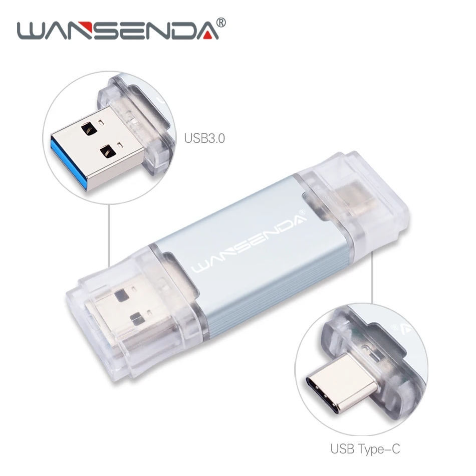 WANSENDA USB 3,0 TYPE C USB флеш-накопитель OTG флеш-накопитель 512 ГБ 256 ГБ 128 Гб 64 ГБ 32 ГБ USB накопитель высокоскоростной 2 в 1 флешка - Цвет: Серебристый