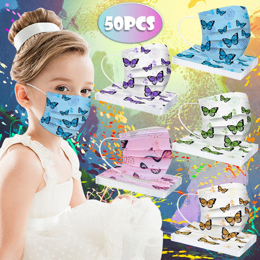 

Fast Delivery 50PCS Kids Scarf Butterfly Face Mask Mascarilla Bandage 2020 Children Disposable Print Face Mask 3Ply Ear Loop