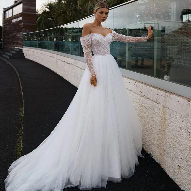 

Сексуальные свадебные платья с открытыми плечами, фатиновые женские платья а-силуэта с длинным рукавом, белые свадебные вечерние платья