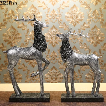 

2 Pcs/set Golden Silver Sika Deer Statue Resin Animal Sculpture Ornament Desk Decor Nordic Antique Home Decoration Accessories