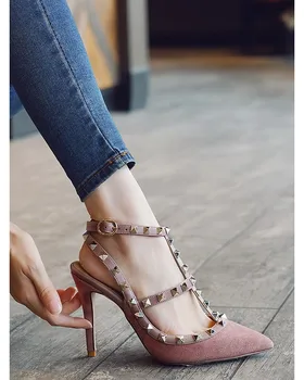 

[Worry Girl WUYOUNV] stiletto high-heeled suede rivet pointed toe shoes floor empty rivet size sandals women shoes