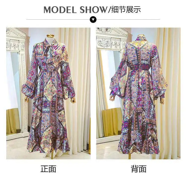 Holiday national style printed chiffon dress lantern sleeve autumn dress 2020 new female Office Lady  Sheath  Knee-Length