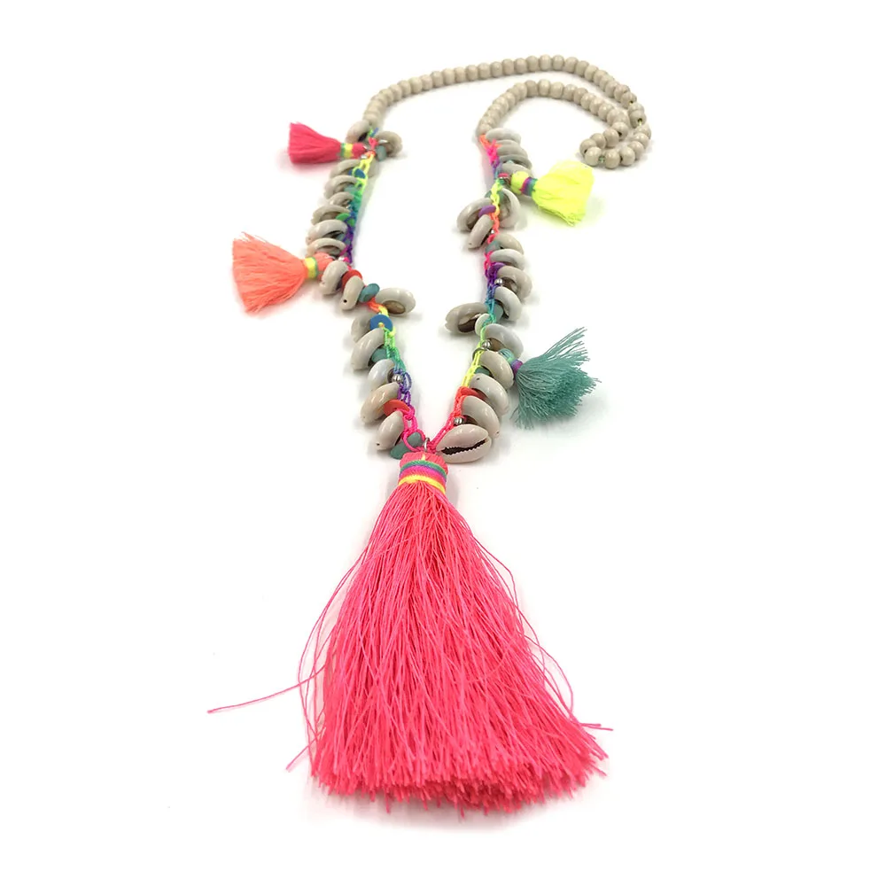 

New Tassel pendants Necklace Wood Bead colorful Stone Pendant long Necklace Bohemian Jewelry