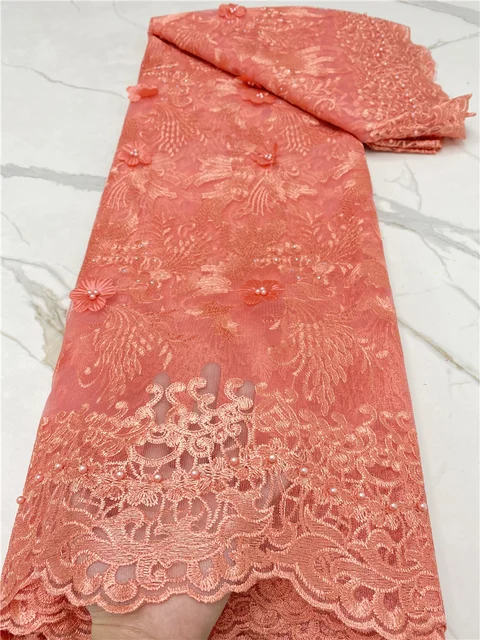 PGC African 3D Mesh Lace Fabric Embroidery African French Lace Fabric 2021 High Quality Lace With Beads Wedding Sewing YA4178B-1 african lace fabric7
