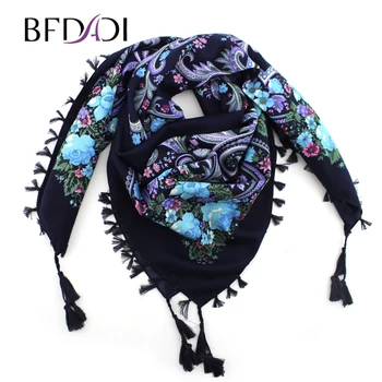 

BFDADI 2019 Hot Sale Autumn Winter Fashion Ladies Tassels Big Square Scarf Floral design Women Brand shawl 15 colors 90X90cm