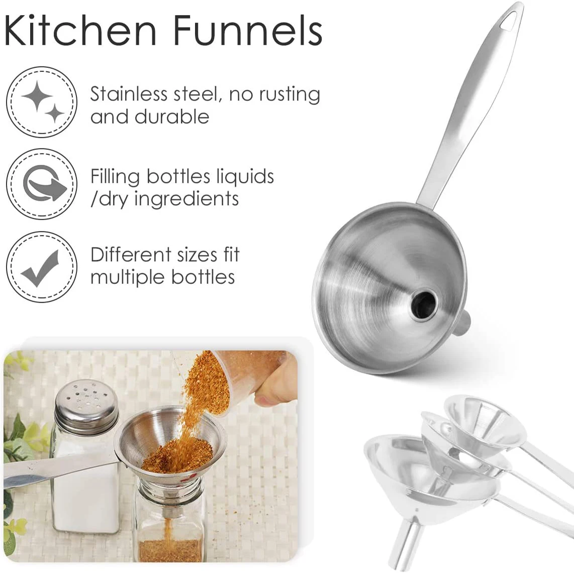 3Pcs/set Stainless Steel Funnels with Long Handle Small Funnels Strainer for Kitchen Transferring Fluid Liquid Oil Powder Filter