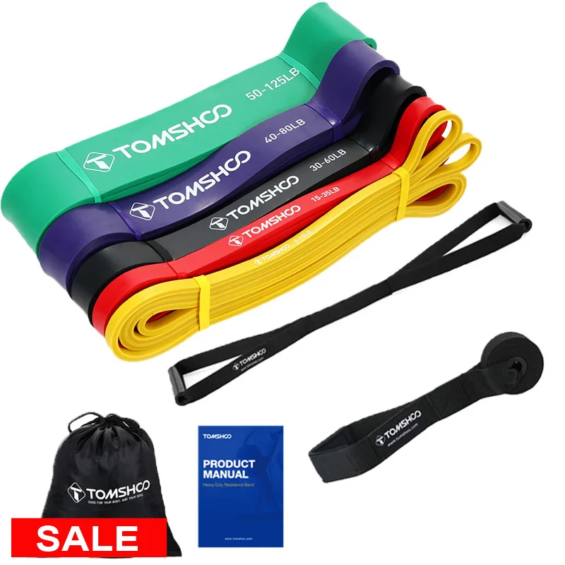 

TOMSHOO 5 Packs Fitness Pull Up Assist Bands Set Resistance Hanging Powerlift Workout Exercise Rubber Bands with Door Anchor