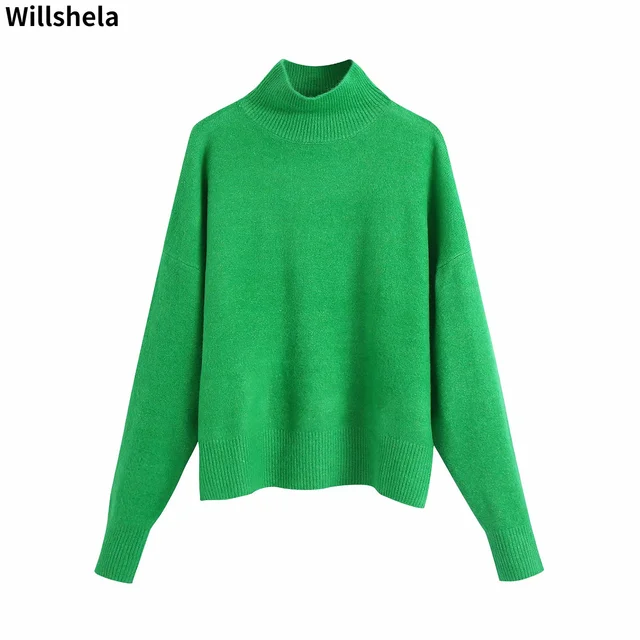 Willshela Women Fashion Solid Knit Sweater Top Long Sleeves High Neck Vintage Female Knitted Sweaters Pullover Chic Tops 1