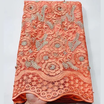 

(5yards/pc) Latest African tulle lace peach color French net lace fabric with fully embroidery and beads for party dress FXS024