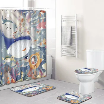 

Undersea World Ocean Mat Shower Curtain Non-Slip Mat Carpet Cover Toilet Cover Bath Mat Pad Set Bathroom Curtain with 12 Hooks