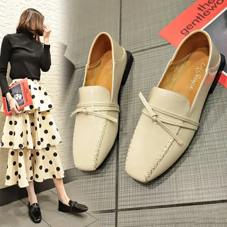 

Spring Shoes Women's Retro Square Head Black And White with Pattern Small Leather Shoes England College Style Chunky-Heel Semi-h