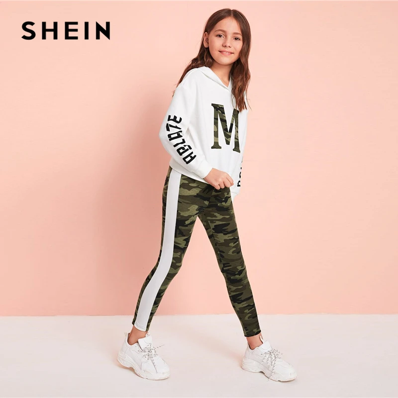 SHEIN/Детский комплект для девочек, толстовка с капюшоном и надписью и камуфляжные леггинсы, коллекция года, весенний комплект одежды с длинными рукавами для активного отдыха