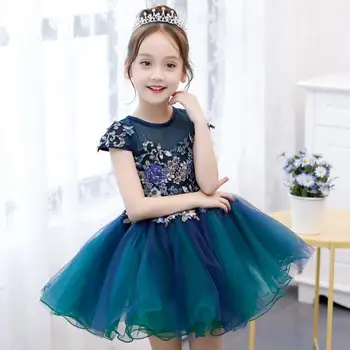 

Blue Lace Kids Girls Elegant Wedding Flower Girl Dress Princess Party Pageant Formal Tutu Party Birthday Ball Gown for Easter