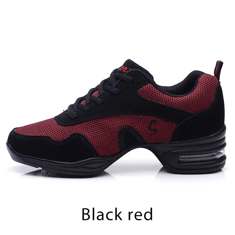 Black red Сетчатая Современная танцевальная обувь для женщин, мягкая подошва, Спортивная особенность, для девушек, хип-хоп, джаз, танцевальные кроссовки, удобная обувь для фитнеса, спортзала - Цвет: Black red