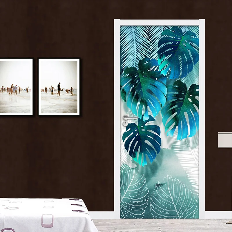 Door Mural Abstract Leaf Creative DIY Self-adhesive Wall Sticker Kitchen Living Room Bedroom Door Wallpaper Papel De Parede 3D