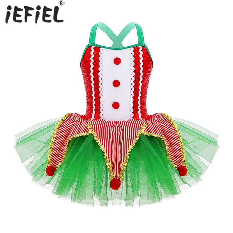 

Kids Girls Clown Cosplay Halloween Costume Shiny Sequins Plush Balls Ruffle Mesh Tutu Dress Christmas Elf Dress For Dancewear