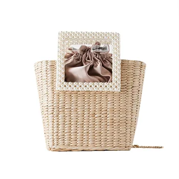 

Ladies Designer Pearl Top Handle Beach Rattan Bag Women New Elegant Straw Tote Bag 2020 Luxury Satin Innerpocket Handbags