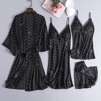 

Youhottest Silk Pajamas Sets Women Sexy Robes 4 pieces Suits Women Spaghetti Gown Robe