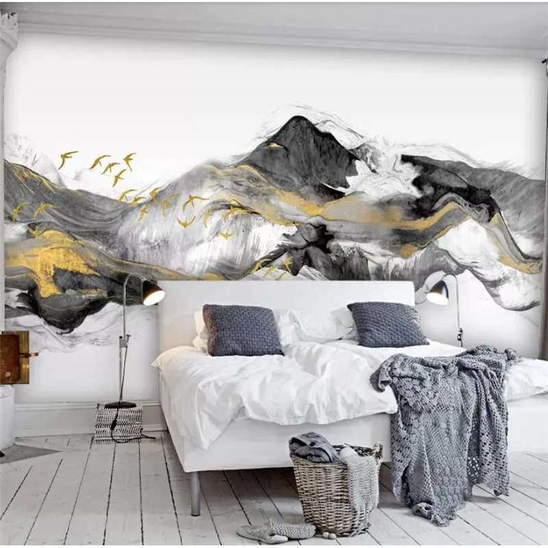 Beibehang-Customized-large-murals-fashion-home-improvement-birds-new-Chinese-abstract-golden-ink-landscape-TV-background (1)