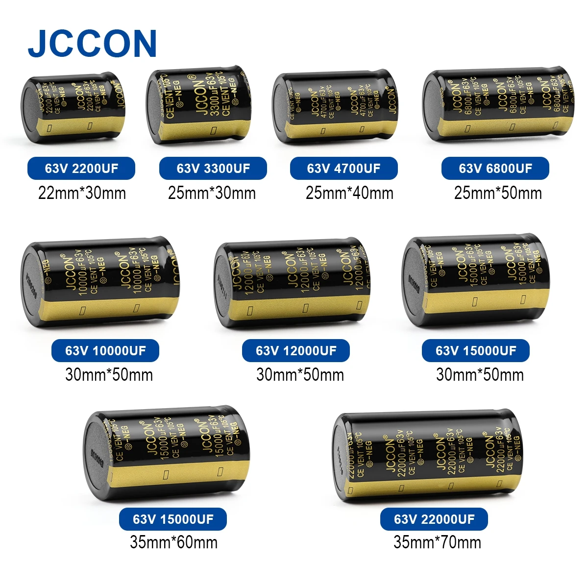 2Pcs JCCON Audio Electrolytic Capacitor 63V 3300UF 4700UF 6800UF 10000UF 12000UF 15000UF 22000UF Low ESR For Hifi Amplifier