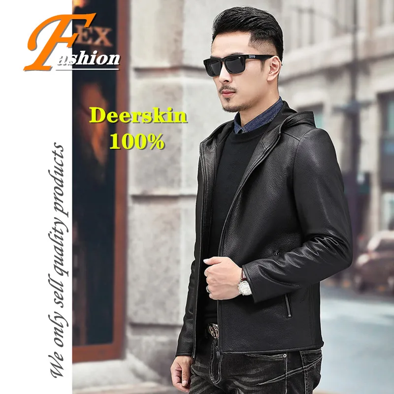 

High-grade new men's casual and comfortable breathable fashion pure color warm all-match No-iron red deer leather jacket coat