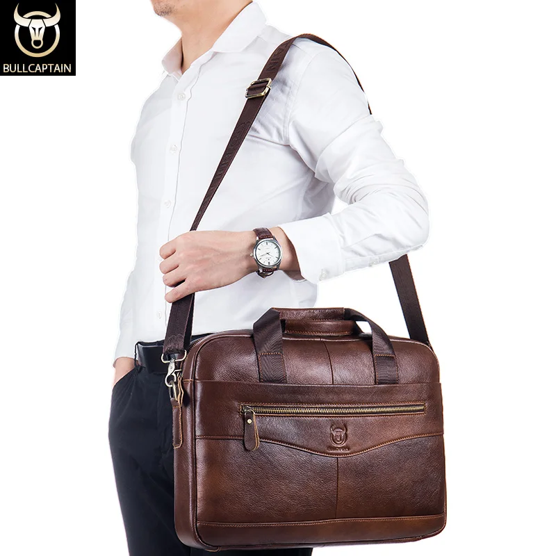 BULLCAPTAIN Briefcase Shoulder Messenger Bags Men's Genuine Leather 14-inch Laptop Bag's Men's Briefcase Office Business Handbag 2