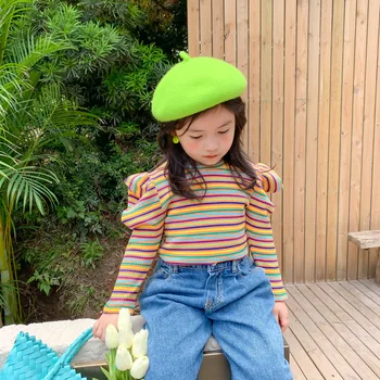 

3854 Girls' Bottoming Shirt Korean Stripe Baby Princess Tops Bubble Sleeve Children's Long Sleeve T-shirt Girls Autumn Clothes