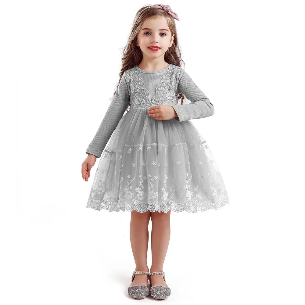 Платье с цветочным узором для девочек повседневная школьная одежда праздничные платья принцессы зимняя повседневная одежда с длинными рукавами одежда для детей возрастом от 3 до 8 лет - Цвет: Style2 Gray